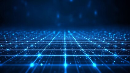 Poster - Abstract glowing blue grid pattern with glowing particles.