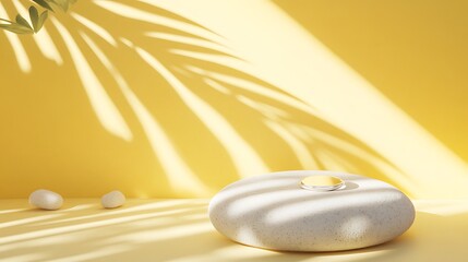 A white round platform with a shiny, reflective surface sits atop a larger white stone. Two small white stones are off to the side