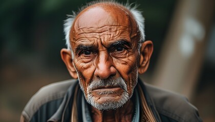 Intense anger reflected in the face of a bald bearded elderly man in an outdoor setting