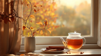 A tea set with a teapot and a cup of tea is on a table next to a window