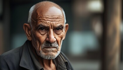 Poster - Intense anger reflected in the face of a bald bearded elderly man in an outdoor setting