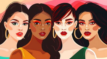 Diverse Women with Different Makeup Styles, Group Portrait Shot, Illustration Style, Diversity Concept, Makeup Styles