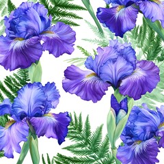 Sticker - Watercolor Blue Irises and Green Fern Leaves