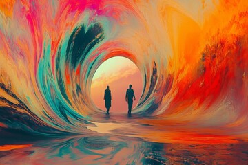 a psychedelic journey entering a surreal portal to a distorted parallel universe of colors