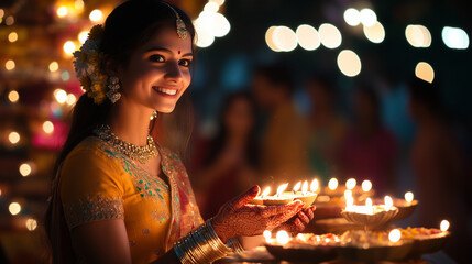 Wall Mural - the festive atmosphere of Diwali, streets filled with bright lights, people wearing bright traditional clothes, ai generated images