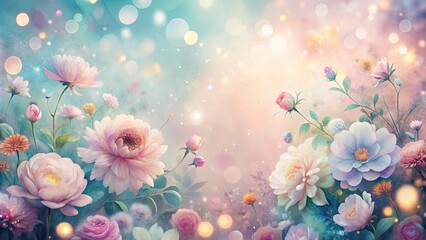 Wall Mural - Dreamy background featuring pastel flowers, fluid watercolor textures, and bokeh lights