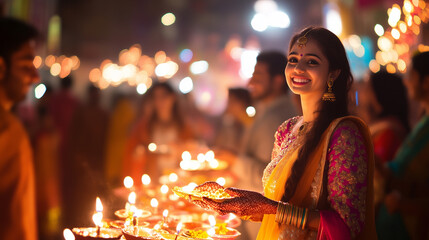 Wall Mural - the festive atmosphere of Diwali, streets filled with bright lights, people wearing bright traditional clothes, ai generated images