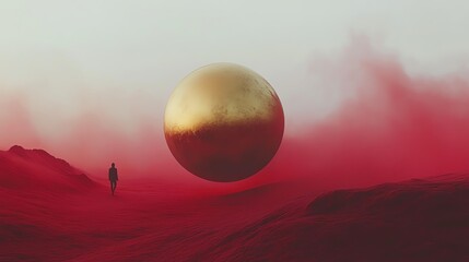 A surreal landscape featuring a lone figure walking through red terrain beneath a glowing golden sphere, evoking mystery and wonder.