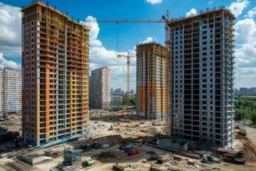 Vibrant construction site with hoisting cranes and multi storey buildings under blue sky