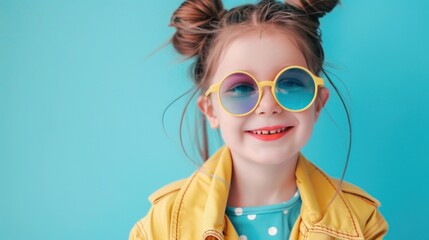 Wall Mural - Happy little girl in funky stylish clothes and glasses on pastel blue background AI generated image