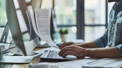 Wall Mural - Businessman using computer for document management in a plain background with copy space