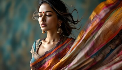 Elegant Indian woman in Saree performing a dance as the wind playfully lifts her fabric, embodying tradition and grace in a vibrant setting