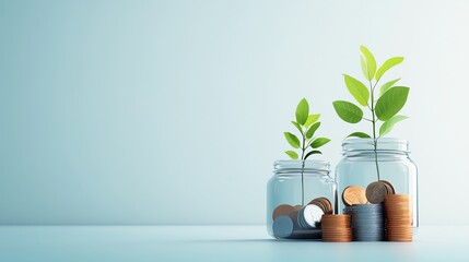 A modern financial illustration showing growth with coins and plants in jars, symbolizing investment and prosperity.