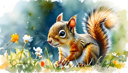 Wall Mural - Joyful baby squirrel amidst vibrant flower blossoms in a whimsical watercolor illustration, perfect for brightening up children’s rooms and home decor