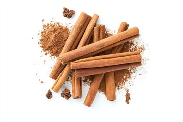 Top View of Cinnamon Sticks and Powder. Aromatic Spice for Bakery and Dessert