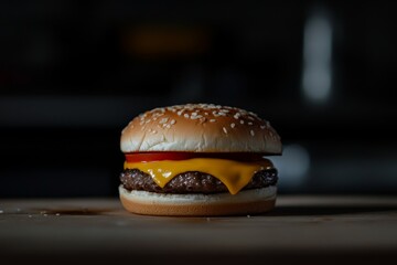 Close up of a cheeseburger on a wooden table.