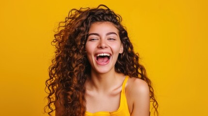 Wall Mural - Happy cute woman with vibrant curly hair isolated on yellow background AI generated image