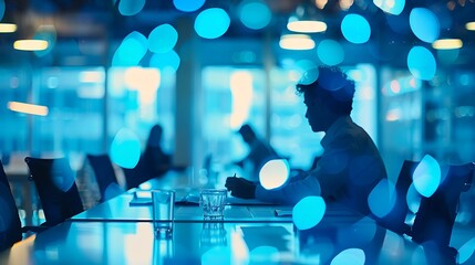 Poster - Businesspeople working together in modern office setting in a portrait shot with copy space, plain background