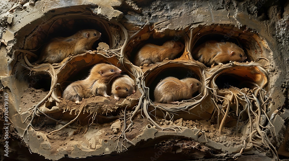 Naked Mole Rat Colony In Underground Tunnels Cross section View A 
