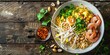 © TheWaterMeloonProjec - Stir-fried noodles with shrimp, peanuts, scrambled eggs, bean sprouts, and sauce presented in a white bowl on a wooden surface, captured from a flat lay perspective, featuring ample negative space.