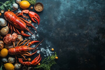 Two cooked lobsters with lemon, parsley and ice on black background with copy space.