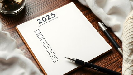 Planner with checkboxes and text 2025 on desk. Notepad message 2025. New years ideas and goals background	