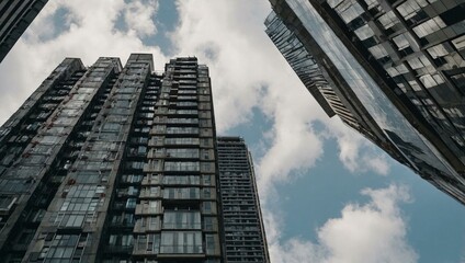 Canvas Print - Urban skyscrapers from a low-angle perspective.