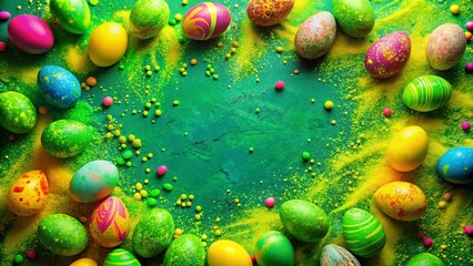 Wall Mural - Vibrant neon green and yellow paint splatter textures with whimsical Easter egg elements
