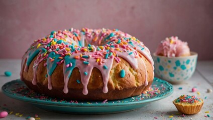 Sticker - Vibrant Easter bread with pink icing and colorful sprinkles.