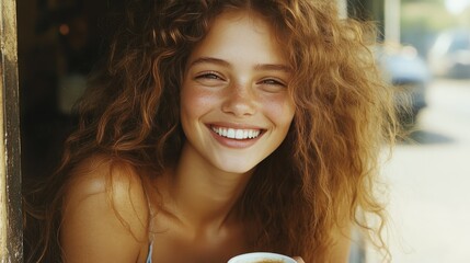 Young woman with curly hair smiling by a window in casual summer attire during daylight hours