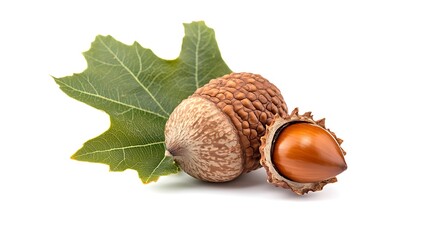 Canvas Print - Acorn and Leaf on White Background