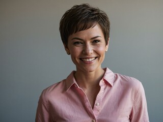 Wall Mural - Woman with short hair wearing a pink shirt, smiling.