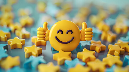 Smiley face surrounded by positive symbols, thumbs-up gestures, stars, and happy emoticons Feedback rating and customer satisfaction, positive experiences and reviews 