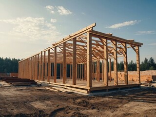 Wooden roofing structures at a construction site on a clear day.