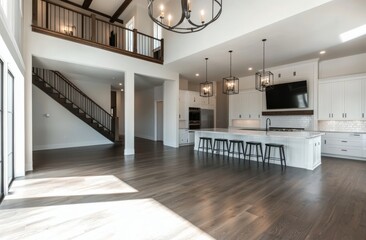 Poster - Spacious modern kitchen and living area in a newly built home with large windows and open layout