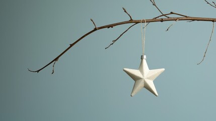 A single white star ornament hanging from a bare branch minimal holiday design isolated background 50 keywords