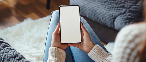 Wall Mural - Woman sitting holding mobile phone with blank screen for mockup.