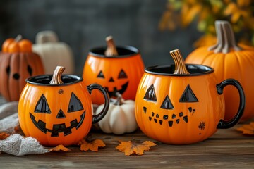 Charming halloween photography showcasing playful pumpkins and spooky cups for autumn celebrations