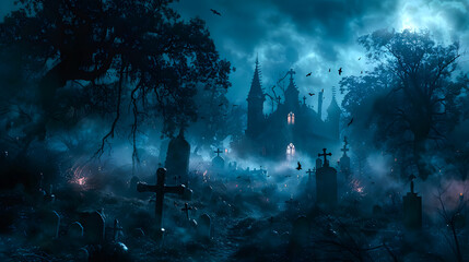 Canvas Print - Spooky Halloween in the haunted forest graveyard with bats and scary trees. Happy Halloween Background