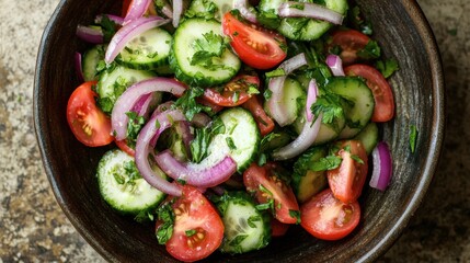 A refreshing cucumber and tomato salad with red onion, parsley, and a light vinaigrette, perfect for a summer side dish.