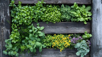 A Variety of Green Plants and Yellow Flowers Grow in a Wooden Planter Box