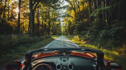 A scenic view of a winding road through a sunlit forest, captured from the perspective of a convertible car.