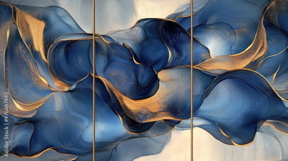 Abstract Fluid Art Triptych in Blue and Gold Stock Illustration | Adobe ...