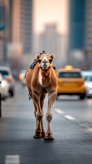 Wall Mural - Camel walking down a busy urban street, weaving through traffic and pedestrians, captivating in the city.