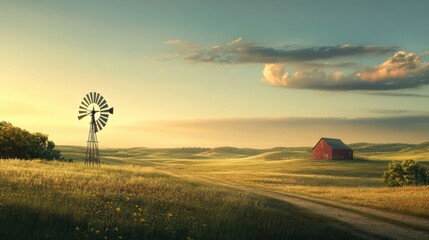 A rural landscape with a clear sky and a lone windmill, symbolizing simplicity and the beauty of open spaces.