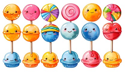 Wall Mural - Charming Watercolor Illustration of Cartoon Lollipop Candy Collection on White Background