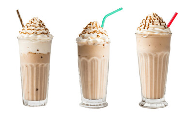 set of chocolate milkshake with ice cream and straw isolated on transparent background