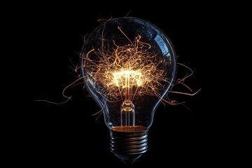 Close up of a light bulb sparking, symbolizing creativity, energy, and innovation on dark background