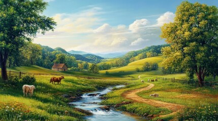  A scenic painting of a gentle stream flowing through a countryside landscape, with rolling hills and grazing animals.