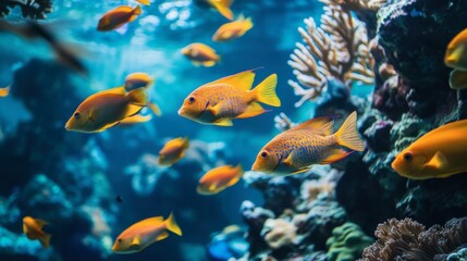 Naklejka na meble A school of bright tropical fish swimming near a coral reef, with various shapes and colors creating a stunning underwater view.
